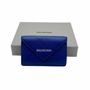 【美品】バレンシアガ BALENCIAGA 391446 ペーパーミニウォレット 三つ折り財布 レザー ブルー