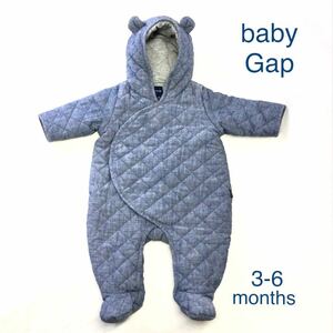 美品 babyGAP クマ ロンパース ジャンプスーツ カバーオール 60cm 防寒 くま耳 ダンガリー デニムカラー 男の子 女の子 ベビー 男女兼用