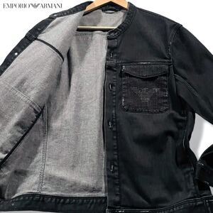 極美品/Lサイズ●エンポリオ アルマーニ デニムジャケット ジージャン EMPORIO ARMANI ストレッチ イーグルロゴ スタッズ ストーン 54