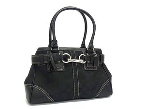 1円 ■美品■ COACH コーチ 10245 ハンプトンズ シグネチャー キャンバス×レザー ハンドバッグ トートバッグ ブラック系 FH4628