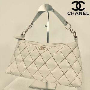 1円スタート シール有 美品 CHANEL シャネル ワイルドステッチ ワンショルダー ショルダーバッグ バッグ ココマーク マトラッセ レザー 白