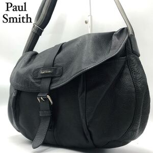 【美品】ポールスミス PaulSmith 斜めがけ可能 ロゴプレート メッセンジャーバッグ ショルダーバッグ ブラック 黒 レザー メンズ