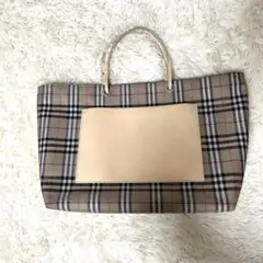 BURBERRY LONDON 大容量 ベージュ チェック トートバッグ レザー