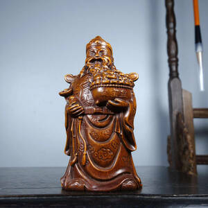 ▽鴻▽ 黄楊木製 細密彫 聚寶盆財神 置物 古賞物 中国古玩 中国古美術