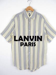 LANVAN ランバン ★ 麻 綿 ストライプ 半袖 シャツ L ★ オールド リネン コットン メンズ 刺繍ロゴ PARIS パリス 00s 90s ビンテージ