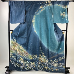 訪問着 身丈167cm 裄丈69.5cm L 袷 徳永憲峯 落款 辻ヶ花 金通し 金彩 青灰色 正絹 逸品 【中古】