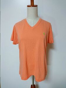 ☆POLO Ralph Lauren スポーツ ラルフローレン Tシャツ Vネック ワンポイント ロゴ US レディース【M】オレンジ×黄緑 古着　　　◆81000◆