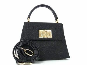 1円 ■美品■ FURLA フルラ 1927 グリッター×レザー 2WAY クロスボディ ショルダー ハンドバッグ 斜め掛け レディース ブラック系 FD0286