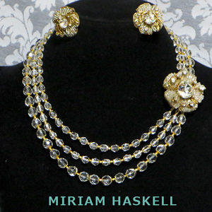 ◆ミリアムハスケル：透明ガラスビーズネックレス2点セット：ヴィンテージコスチュームジュエリー：Miriam Haskell