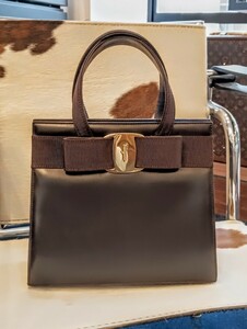 1円 1スタ Salvatore Ferragamo フェラガモ ヴァラリボン 2WAY ハンドバッグ ショルダーバッグ BA214178 ダークブラウン レザー 本革