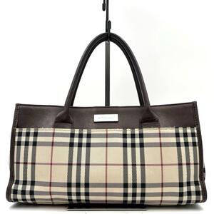 《美品》BURBERRY バーバリー ノバチェック キャンバス レザー ミニハンドバッグ ロゴプレート 手提げ ブラウン