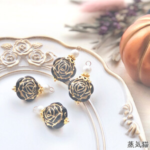 a5212 黒薔薇チャーム 4個【バラの花 フラワーピアス イヤリング アンティーク ビーズ ハンドメイド アクセサリーパーツ素材】蒸気猫パーツ