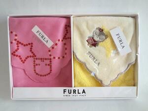 未使用★フルラ FURLA★専用箱付ハンカチ2枚セット★ギフトにも★スター ハートドットプリントハンカチ＆ ハート クマ刺繍タオルハンカチ★