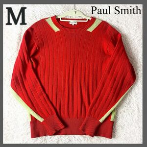 Paul Smith LONDON ポールスミス ロンドン リブ ニット セーター 長袖 丸首 クルーネック ワンポイント ストライプ バイカラー 赤 レッド M