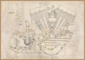ハーレー パンヘッドエンジン 設計図 複製 ミニポスター ◆ PAN HEAD HARLEY B5サイズ USAD5-005-3