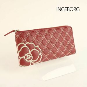 INGEBORG インゲボルグ 長財布 ステッチ 花刺繍 レザー 赤 レッド@JG56