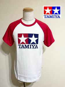 【美品】TAMIYA ビッグロゴ クルーネック ラグラン Tシャツ トップス サイズL 半袖 白赤 日本製 綿