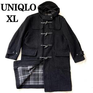 【希少 90s XL】OLD UNIQLO オールド ユニクロ ダッフルコート　チャコールグレー ロング 裏地チェック ビンテージ品 毛 ウール 