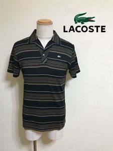 【美品】 LACOSTE ラコステ ボーダー 開襟 ポロシャツ トップス 銀ワニ サイズ3 半袖 ファブリカ 日本製 DH406C 黒 茶