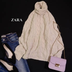 ザラ ZARA 大人可愛い☆ 微起毛 ケーブル ハイネック タートルネック ニットプルオーバー セーター S ゆったり