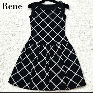 【極美品】Rene ルネ ワンピース アンゴラ カシミヤ カシゴラ ひざ丈 膝丈 ノースリーブ 黒 チェック柄 ドレス ストレッチ Sサイズ