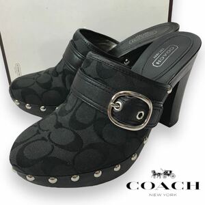 p37 良品 COACH コーチ シグネチャー サボ キャンバスレザー ミュール サンダル ブラック 黒 スタッズ 8 正規品 