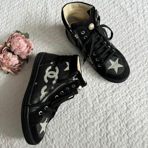 美品■CHANEL シャネル G30243 スター スエード フェイクパール ジップ 星 CC ココマーク ハイカット 靴 シューズ スニーカー ブラック