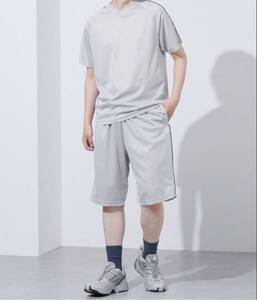 【セットアップ/上下セット】DRYメッシュ サイドラインパイピング ラグラン半袖Tシャツ＆ショートパンツ グレー　サイズM 新品未開封♪