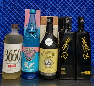 焼酎5本セット 神楽 3650 720ml/sagantosu 夢超戦 720ml/MELLOWED KOZURU 700ml/万上 レア トライアングル20・25 720ml 未開栓 箱*3 5974g