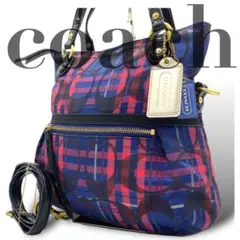 coach コーチ ショルダーバッグ シグネチャー チェック柄　ブルー　レッド