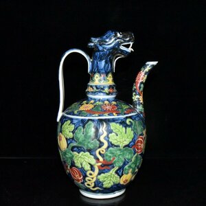 ◆古寳堂◆明 宣德年製款 五彩 瓜果紋 龍頭壺 古陶瓷品 極細工 古置物 古擺件 中国古美術 時代物 古董品