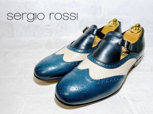 定価10万円【未使用】sergio rossi セルジオロッシ 高級 ドレスシューズ ウィングチップ ネイビー×ホワイト ハンドメイド UK8（約26.5cm）