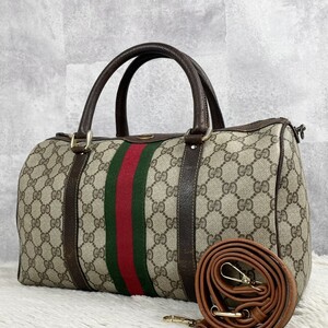 美品 OLD GUCCI オールドグッチ 2WAY ボストンバッグ トート ハンド ショルダー PVC レザー シェリーライン GG柄 インターロッキング