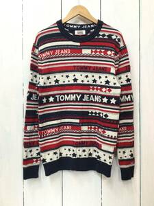 TOMMY JEANS トミーヒルフィガー 総柄 コットン×ウール ニット セーター クルーネック ニット メンズS 良品綺麗