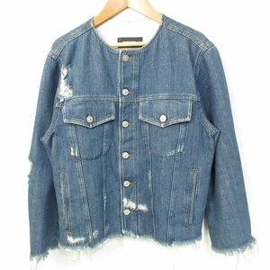 美品 DIESEL ディーゼル DE-PENNY ダメージ加工 ノーカラー デニムジャケット Gジャン ブルゾン Sサイズ インディゴ ◆