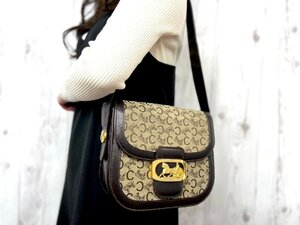 極美品 CELINE セリーヌ ヴィンテージ Cマカダム 馬車金具 ショルダーバッグ バッグ キャンバス×レザー 茶 79480Y