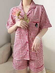LYW1523★夏の新作パジャマ女の甘くてかわいいキャラクターチェックカーディガン半袖半ズボンセット部屋着