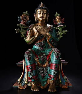 中國 清代 チベット仏教 古銅彫 彩繪描金嵌寶石 釈迦牟尼 釈迦 仏像 仏教美術 寺寶 供養品 細密彫 置物 時代物 NW184
