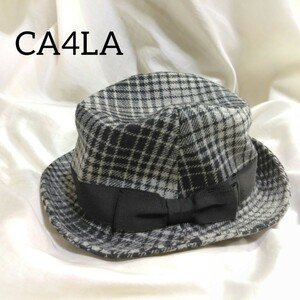 32 【CA4LA】 カシラ ウール リボン チェック 帽子 ハット 春 秋 冬 グレー 黒 ブラック 日本製 HAT レディース