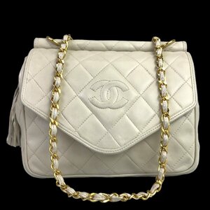 【1円～】シャネル CHANEL バッグ ショルダーバック マトラッセ ラムスキン レザー ホワイト 1番台 フリンジ ココマーク フラップ 中古