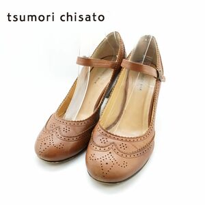 tsumori chisato WALK ツモリチサト ウォーク 25.0 パンプス ラウンドトゥ ヒール アンクルストラップ 本革 レザー 茶色 ブラウン/EC205