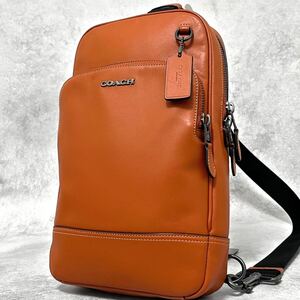 美品 コーチ COACH メンズ ボディバッグ ショルダー グラハム 斜め掛け レザー 本革 オレンジ系ブラウン ロゴ金具 ビジネス スリング 通勤