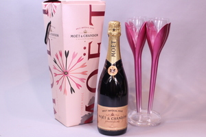 p-2523 未開栓古酒　CHAMPAGNE　シャンパン　MOET＆CHANDON　BRUT　シャンパングラス　FLOWER ROSE　750ｍL