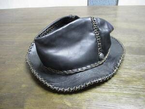 特注 高級 本革 レザーハット Black Hand made All Leather Hat オーダーメイド 中折れ レザーハット オリジナルコンチョボタン