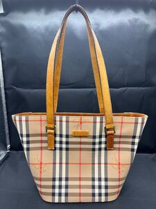 H BURBERRY バーバリー ノバチェック シャドーホース ブラウン キャンバス レザー トートバッグ ショルダー 肩掛け レディース ベージュ