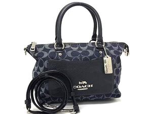 1円 COACH コーチ F66974 シグネチャー ミニ エマ サッチェル デニム×レザー 2WAY ショルダーバッグ ハンドバッグ ネイビー系 FH4619