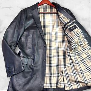 美品!! 超希少 LL!! BURBERRY BLACK LABEL バーバリーブラックレーベル ラムレザー テーラードジャケット ブレザー 羊革 黒 XL メンズ 