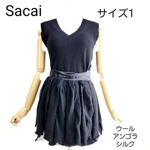 sacai サカイ 異素材MIX ウール　アンゴラ ノースリーブ　ワンピース　黒　シルク　プリーツ　フレア　ラップスカート　巻きスカート