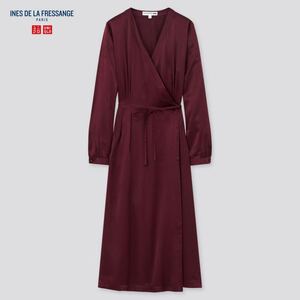 Y★送料無料☆新品未使用★UNIQLO×INES DE LA FRESSANGE☆ユニクロ×イネス・ド・ラ・フレサンジュ★シルクラップワンピース☆ワインS★