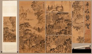 【善古堂】某有名オークション買入「キョウ賢書」中国明時代書者 絹本【松雲楼閣図・立軸】肉筆保証 巻き物 中国畫 中国書道0711-XC10